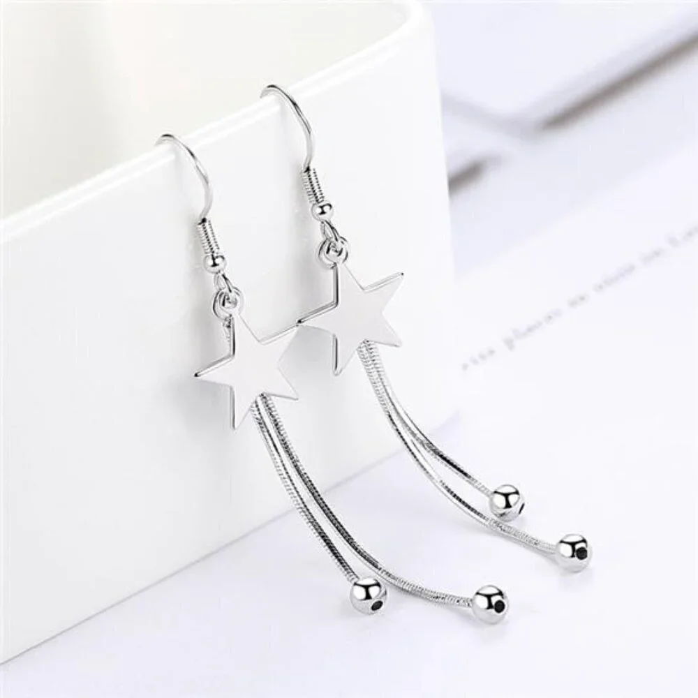 Silver Star Tassel Earrings 925 Sterling Luxury Bead for Women Fashion